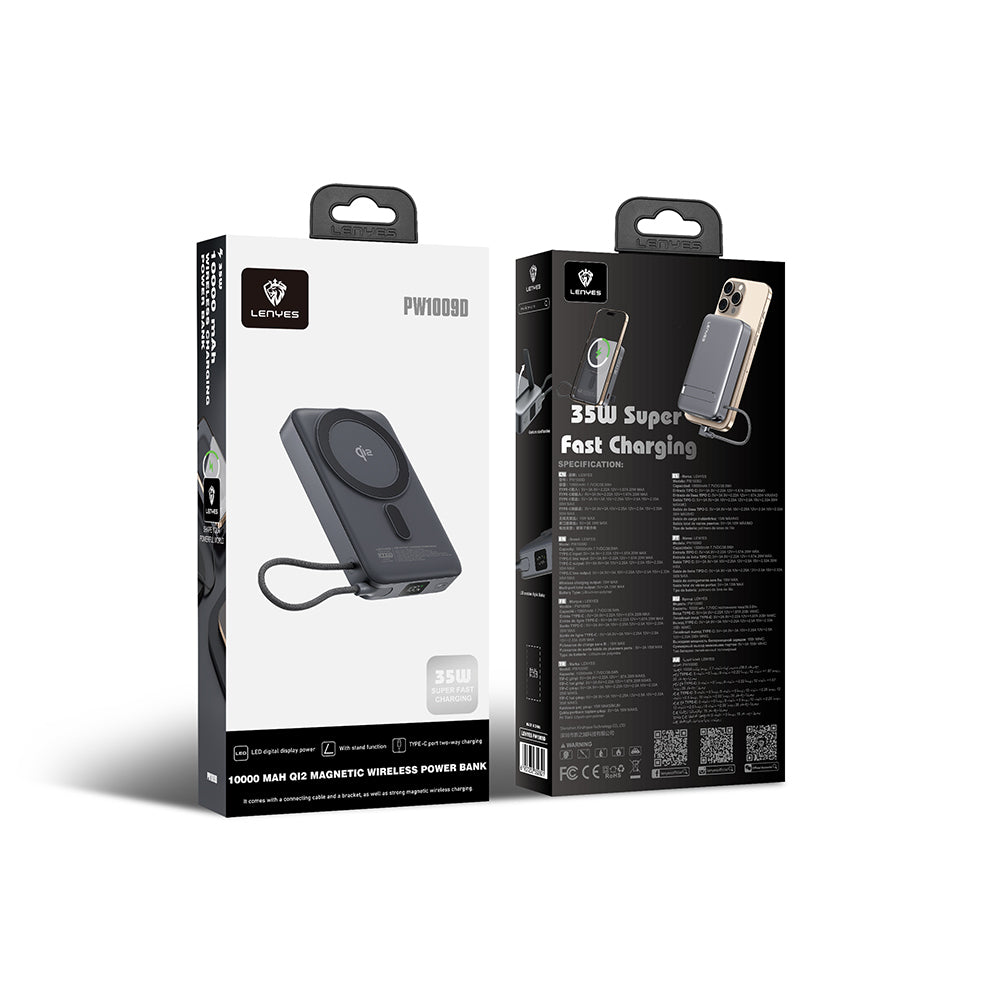 Lenyes PW1009D PD 35W Qi2 Teknolojili Type-C Kablolu Standlı Wireless Powerbank 15W 10000mAh Gri