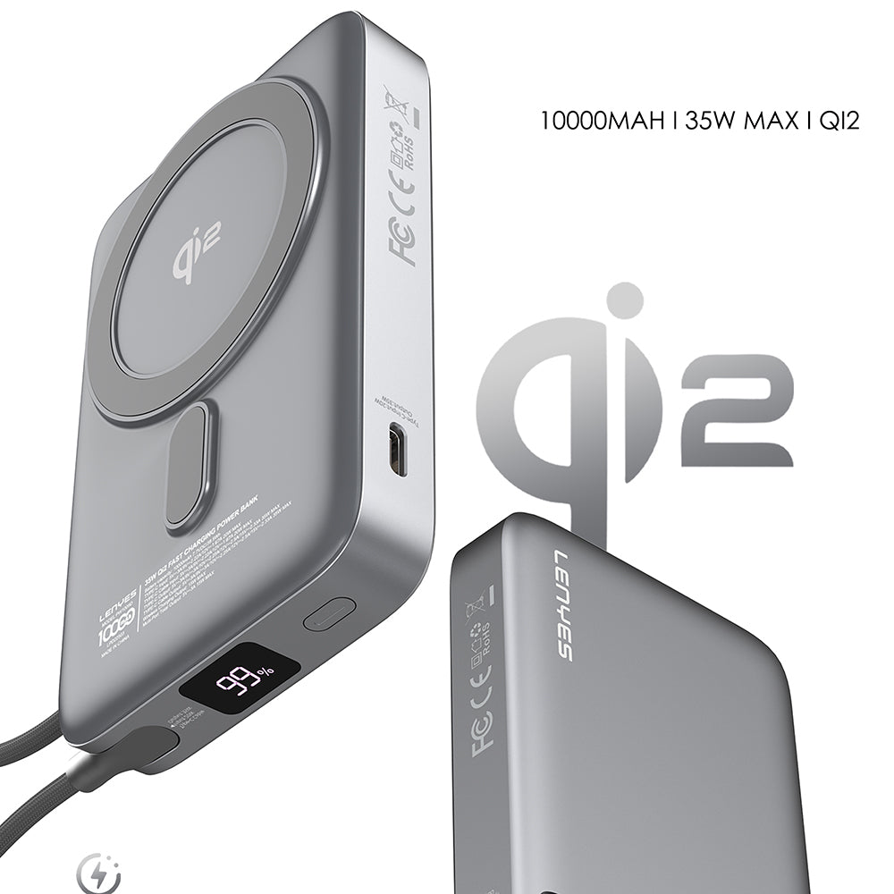 Lenyes PW1009D PD 35W Qi2 Teknolojili Type-C Kablolu Standlı Wireless Powerbank 15W 10000mAh Gri