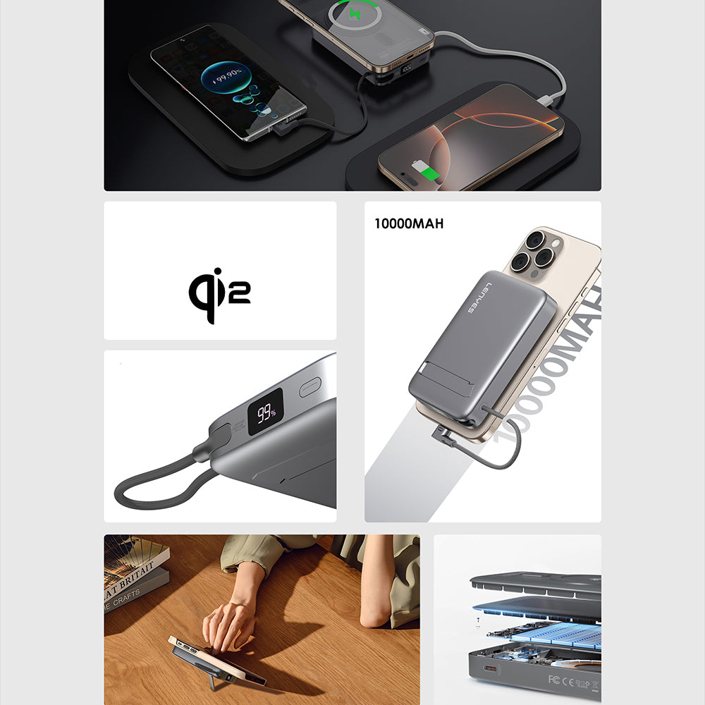 Lenyes PW1009D PD 35W Qi2 Teknolojili Type-C Kablolu Standlı Wireless Powerbank 15W 10000mAh Gri
