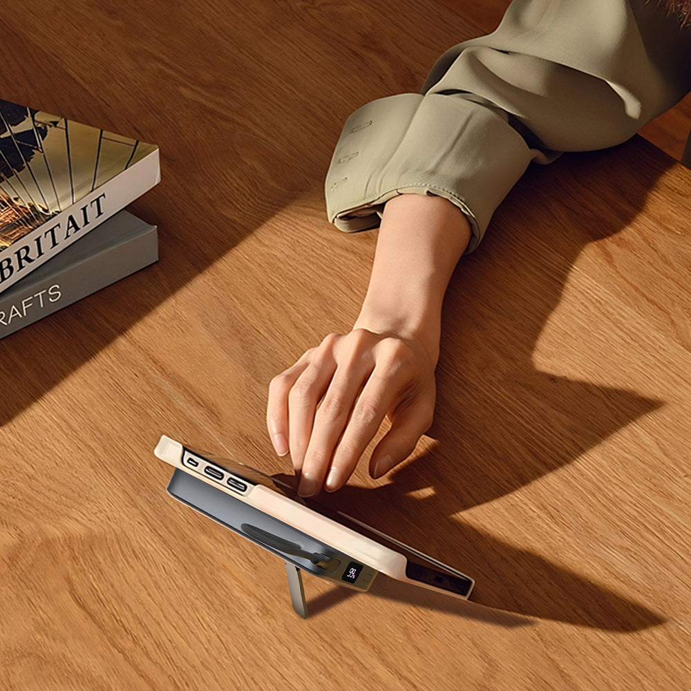 Lenyes PW1009D PD 35W Qi2 Teknolojili Type-C Kablolu Standlı Wireless Powerbank 15W 10000mAh Gri