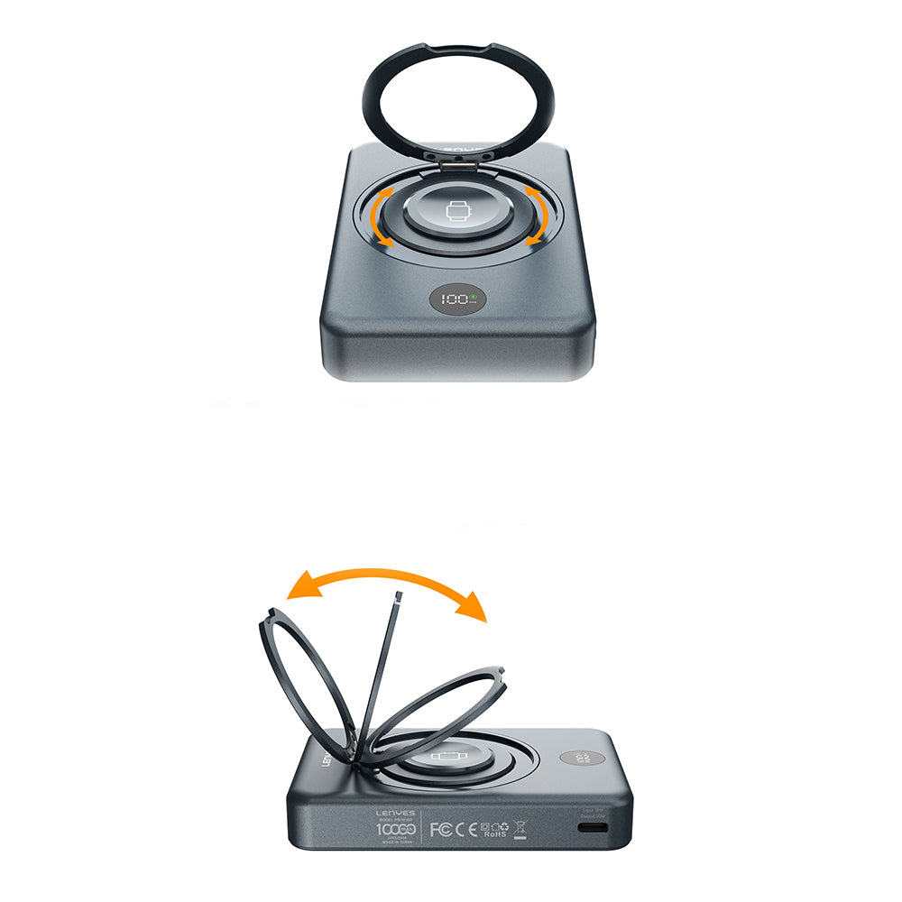 Lenyes PW1010D PD 20W Dijital LED Göstergeli Akıllı Saat Kablosuz Şarj Özellikli Standlı Wireless Powerbank 15W 10000mAh Gri