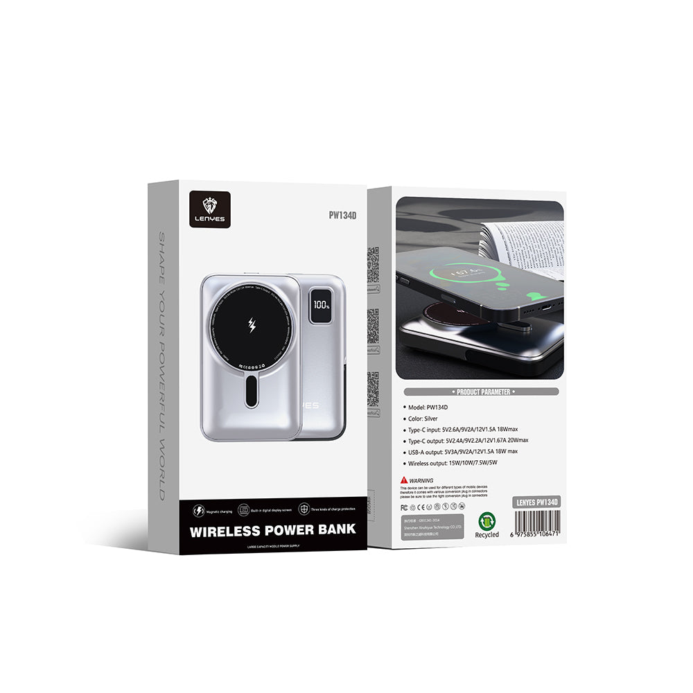 Lenyes PW134D 20W Ultra İnce Dijital LED Ekranlı Standlı Wireless Powerbank 15W 10000mAh Gümüş