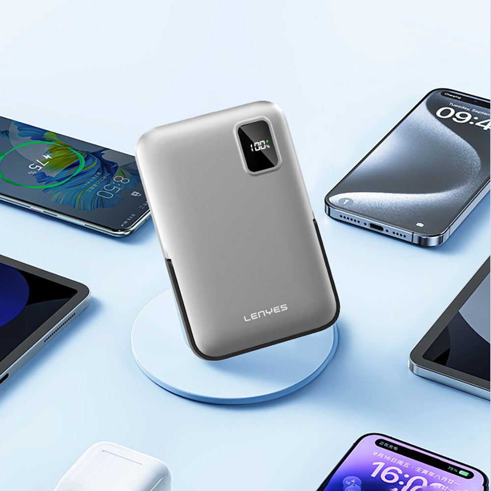 Lenyes PW134D 20W Ultra İnce Dijital LED Ekranlı Standlı Wireless Powerbank 15W 10000mAh Gümüş