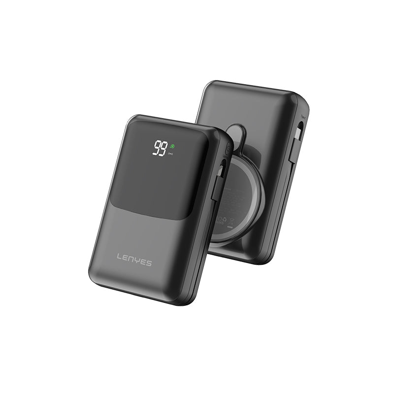 Lenyes PW223D Dijital LED Göstergeli Kablosuz Şarj Özellikli Type-C ve Lightning Kablolu Powerbank 22.5W 20.000mAh Siyah