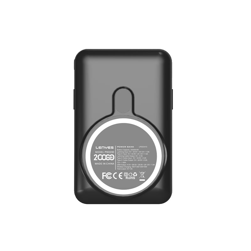 Lenyes PW223D Dijital LED Göstergeli Kablosuz Şarj Özellikli Type-C ve Lightning Kablolu Powerbank 22.5W 20.000mAh Siyah