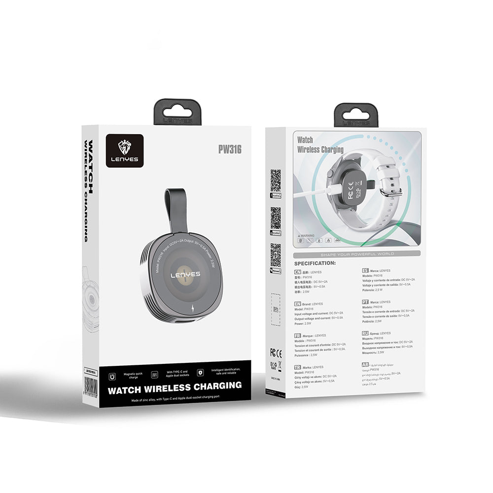Lenyes PW316 Akıllı Saat Mini Wireless Magnetik Şarj Aleti 2.5W Gri
