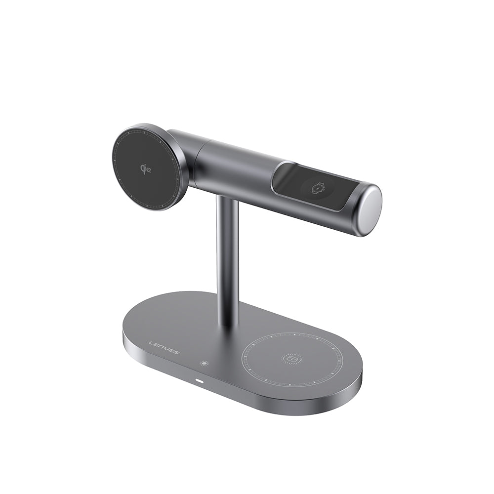 Lenyes PW319 Qi2 Şarj Teknolojili Ambiyans Işıklı Telefon&Akıllı Saat&Kulaklık 15W 3in1 Kablosuz Şarj Standı Gri
