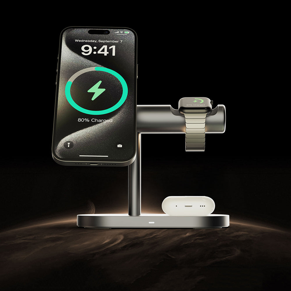 Lenyes PW319 Qi2 Şarj Teknolojili Ambiyans Işıklı Telefon&Akıllı Saat&Kulaklık 15W 3in1 Kablosuz Şarj Standı Gri