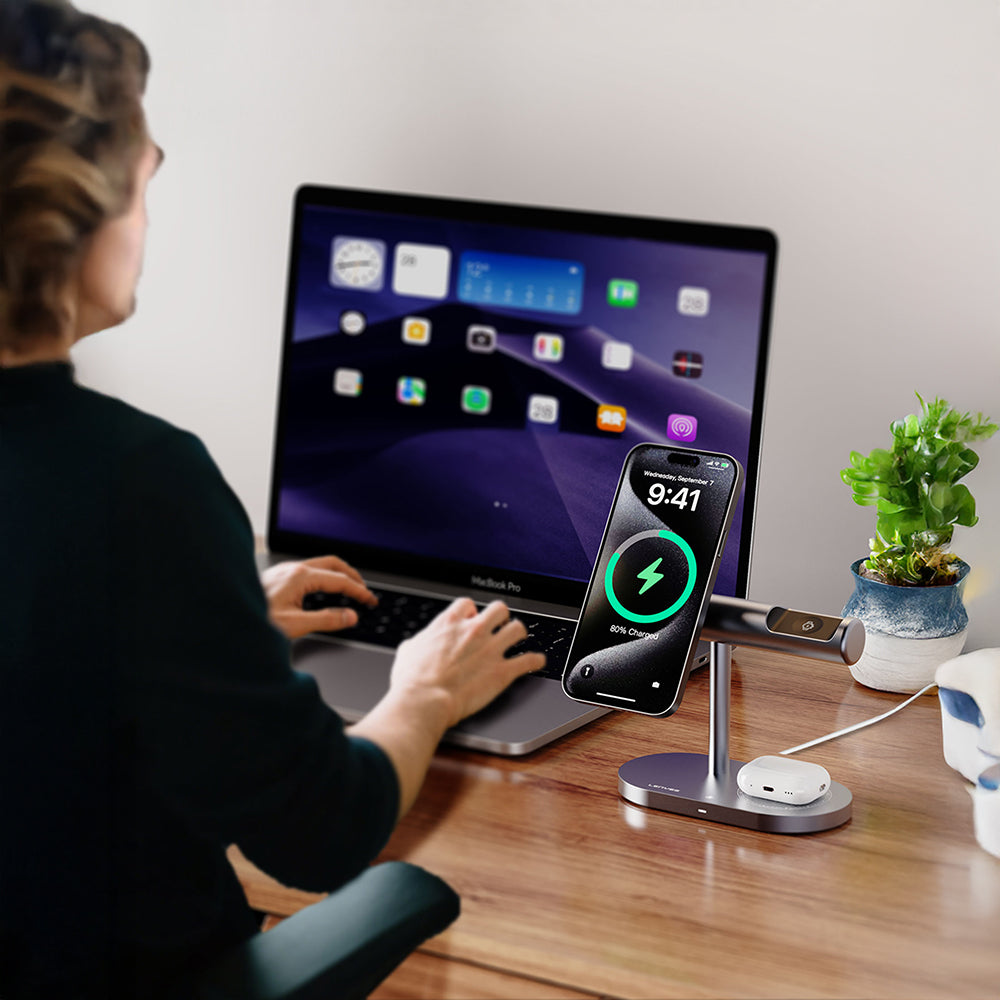 Lenyes PW319 Qi2 Şarj Teknolojili Ambiyans Işıklı Telefon&Akıllı Saat&Kulaklık 15W 3in1 Kablosuz Şarj Standı Gri