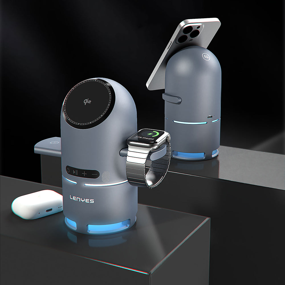 Lenyes PW321 Qi2 Şarj Teknolojili Bluetooth Speaker Hoparlör Özellikli Telefon&Akıllı Saat&Kulaklık 15W 4in1 Kablosuz Şarj Standı Gri