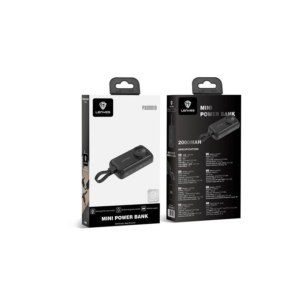 Lenyes PX0001D Akıllı Saat Kablosuz Şarj Özellikli Taşınabilir Type-C Kablolu Powerbank 2000mAh 2W Siyah