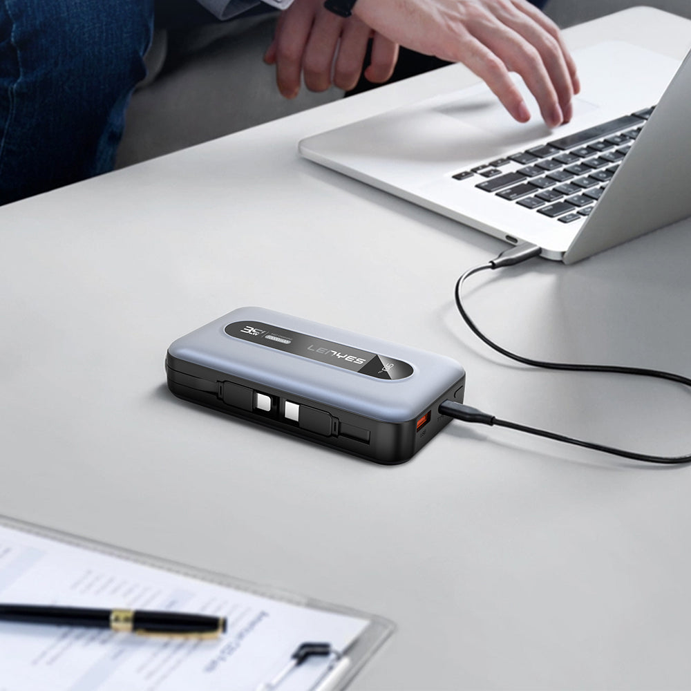 Lenyes PX1002D Dijital LED Göstergeli Teleskopik Type-C ve Lightning Kablolu Powerbank 35W 10.000mAh Gri