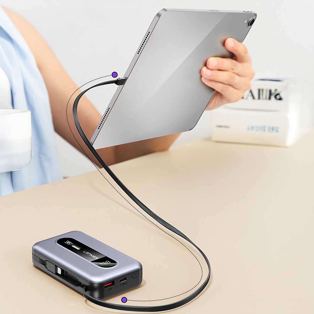 Lenyes PX1002D Dijital LED Göstergeli Teleskopik Type-C ve Lightning Kablolu Powerbank 35W 10.000mAh Gri