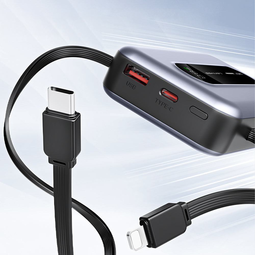 Lenyes PX1002D Dijital LED Göstergeli Teleskopik Type-C ve Lightning Kablolu Powerbank 35W 10.000mAh Gri