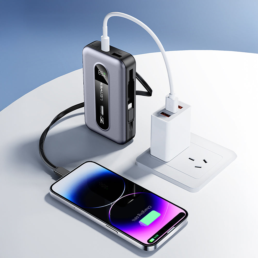 Lenyes PX1002D Dijital LED Göstergeli Teleskopik Type-C ve Lightning Kablolu Powerbank 35W 10.000mAh Gri