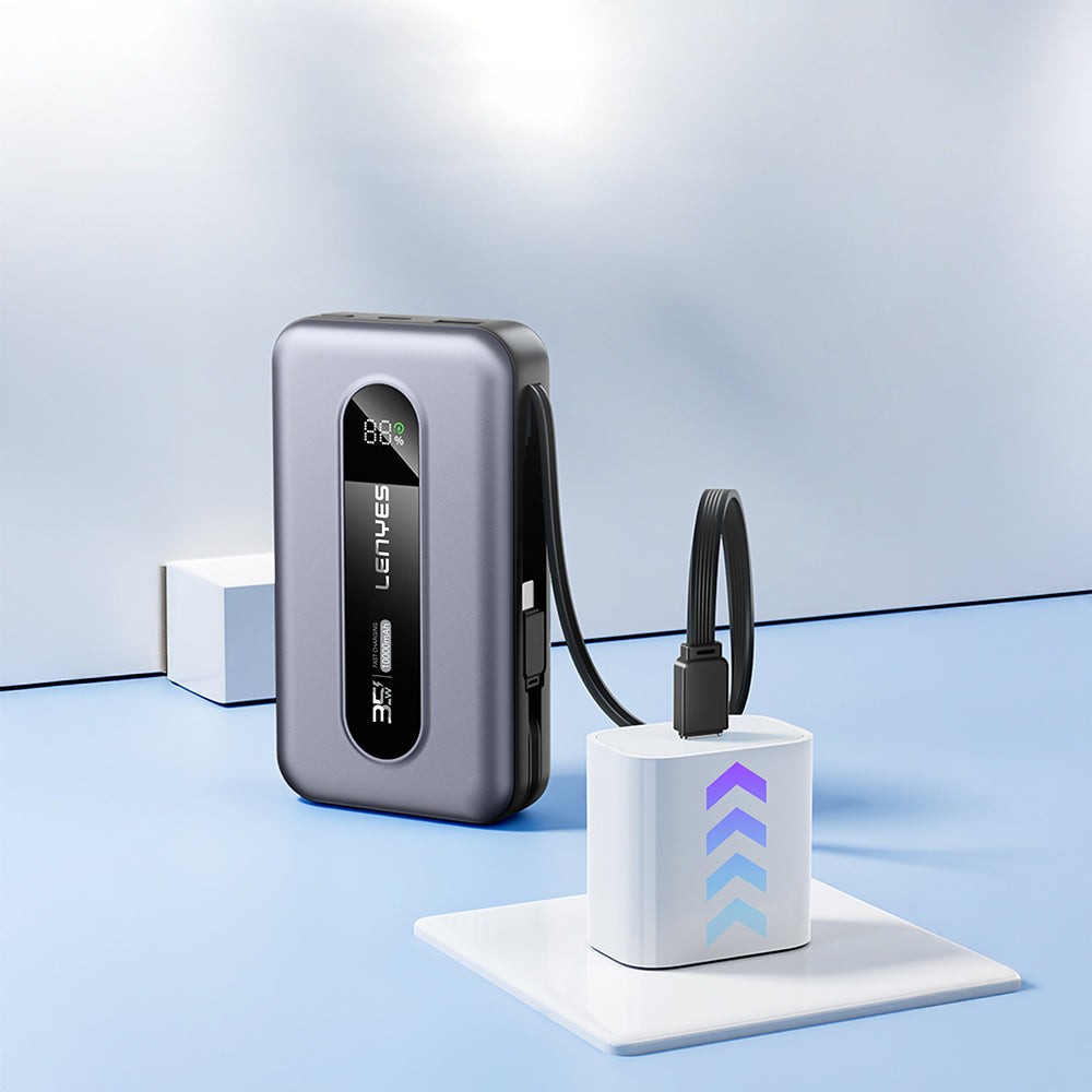 Lenyes PX1002D Dijital LED Göstergeli Teleskopik Type-C ve Lightning Kablolu Powerbank 35W 10.000mAh Gri