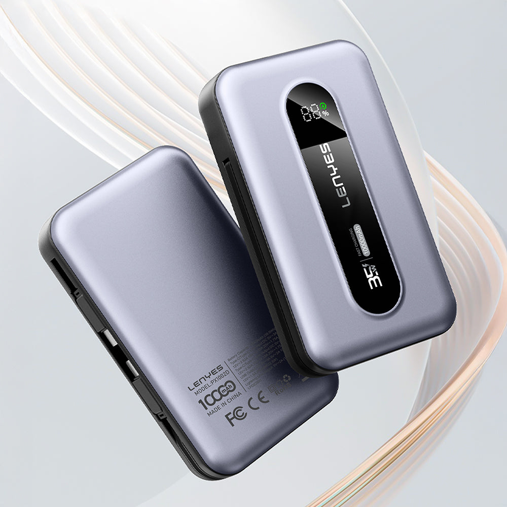 Lenyes PX1002D Dijital LED Göstergeli Teleskopik Type-C ve Lightning Kablolu Powerbank 35W 10.000mAh Gri