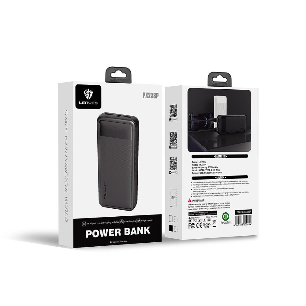 Lenyes PX233P Led Işık Göstergeli Taşınabilir Powerbank 10W 20000mAh Siyah
