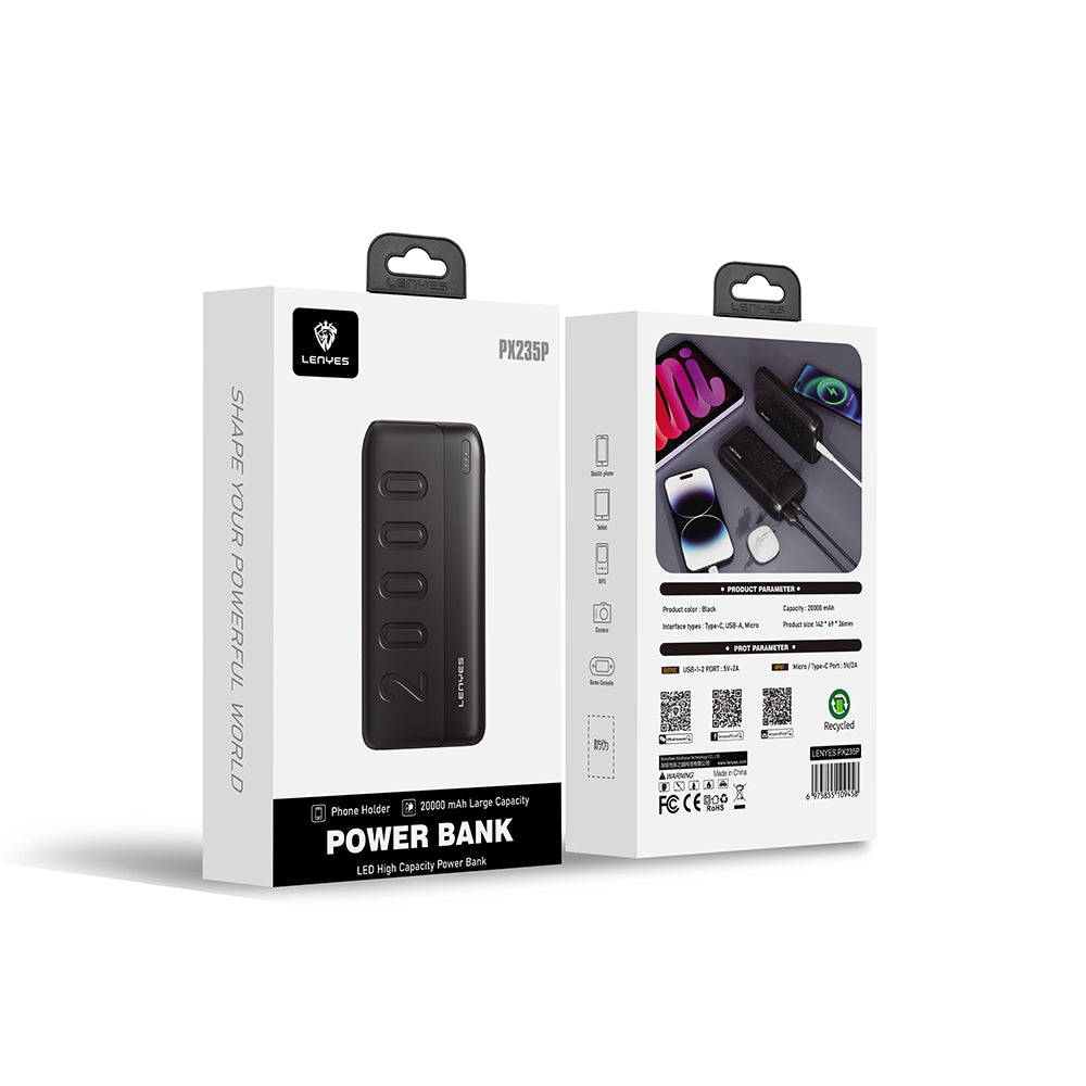 Lenyes PX235P Led Işık Göstergeli Taşınabilir Powerbank 10W 20000mAh Siyah