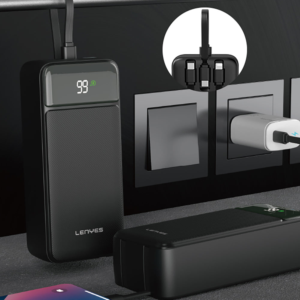 Lenyes PX355D Dijital LED Ekranlı Type-C ve Lightning Kablolu Powerbank 22.5W 30.000mAh Siyah