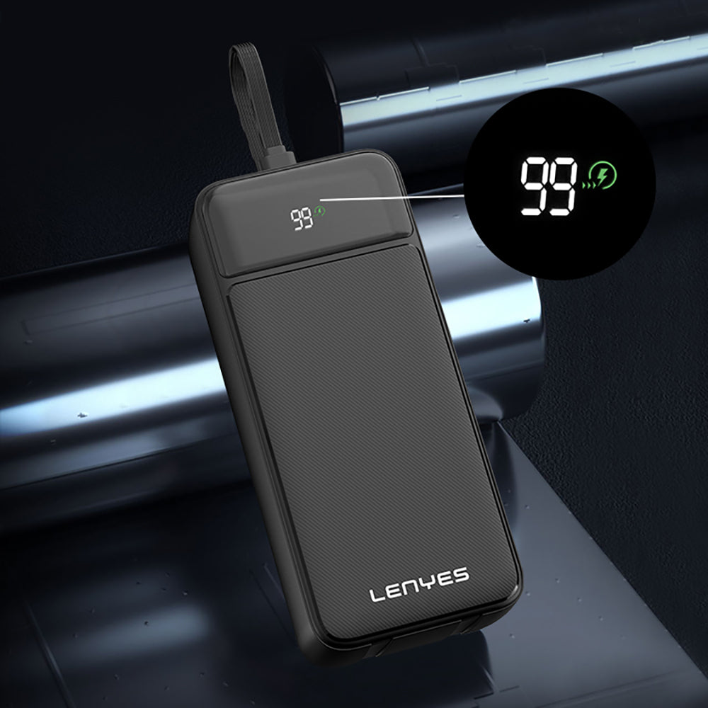 Lenyes PX355D Dijital LED Ekranlı Type-C ve Lightning Kablolu Powerbank 22.5W 30.000mAh Siyah