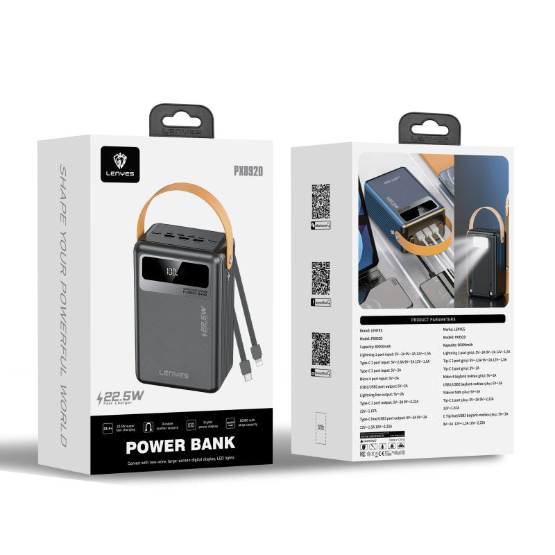 Lenyes PX892D LED Göstergeli Taşınabilir Askılı ve Led Işıklı Powerbank 22.5W 80.000mAh Siyah