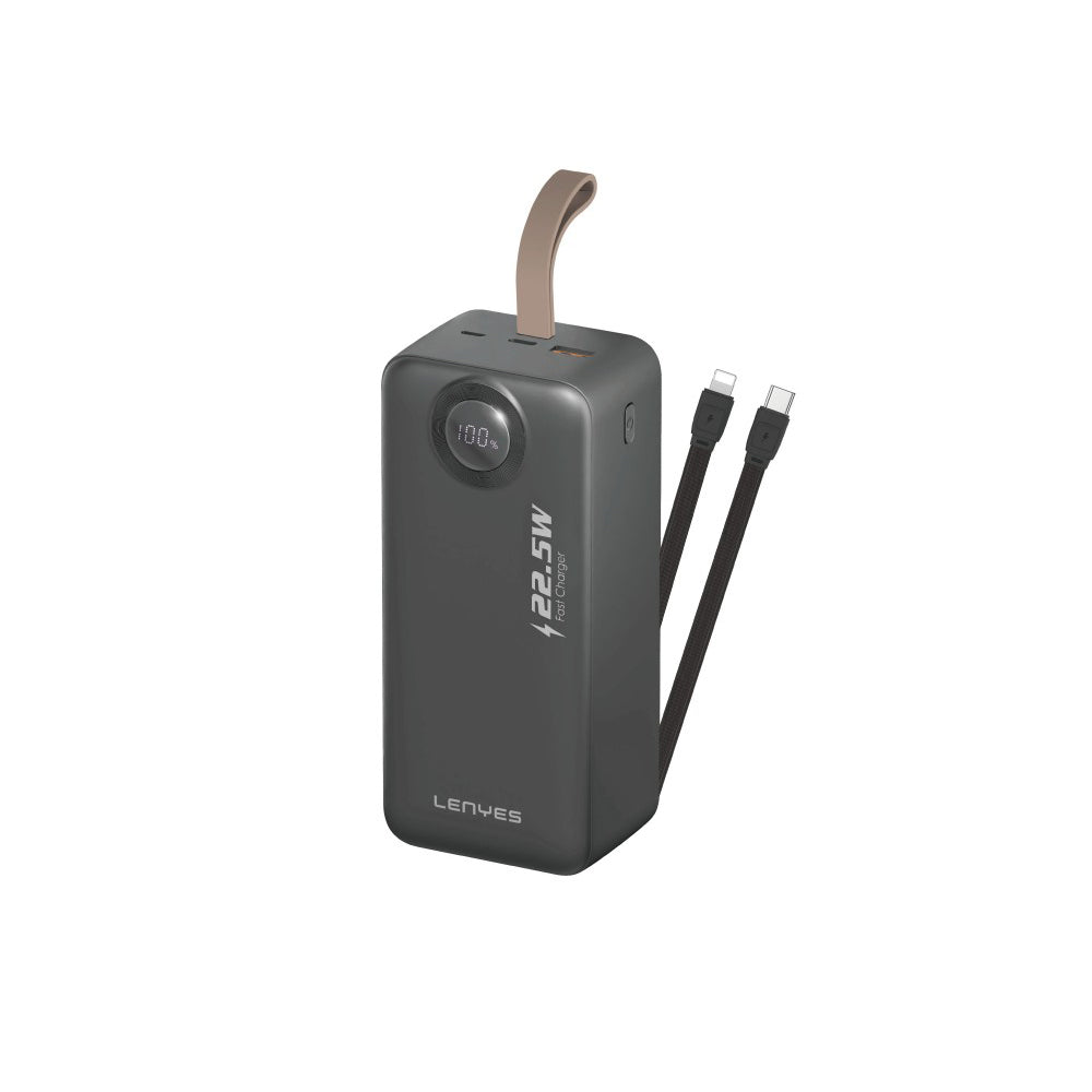 Lenyes PXD487D Dijital LED Göstergeli Type-C ve Lightning Kablolu Askılı Powerbank 22.5W 40.000mAh Siyah