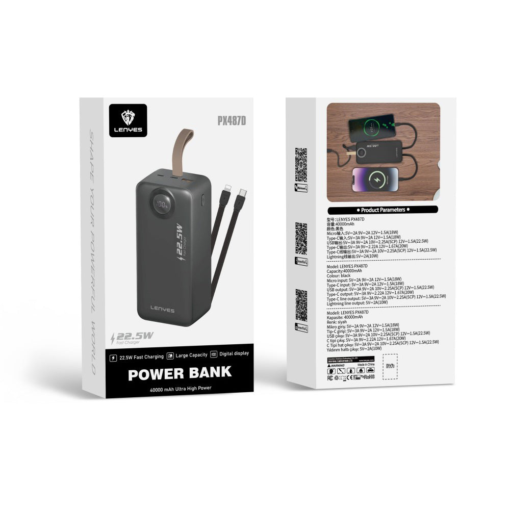 Lenyes PXD487D Dijital LED Göstergeli Type-C ve Lightning Kablolu Askılı Powerbank 22.5W 40.000mAh Siyah