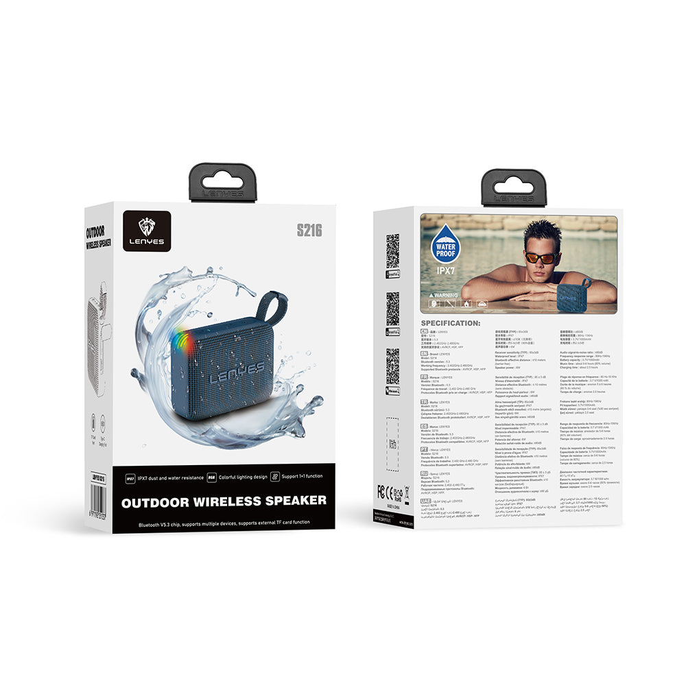 Lenyes S216 Su Geçirmez Özellikli RGB Işıklı Askılı Mini Bluetooth Speaker Hoparlör v5.3 Siyah