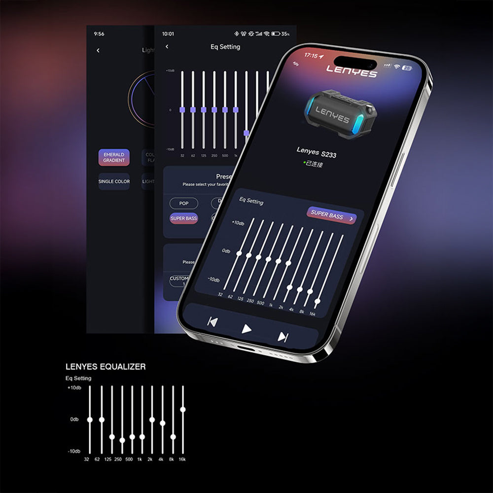 Lenyes S233 Ritme Duyarlı RGB Işıklı Taşınabilir Su Geçirmez TWS Bluetooth Hoparlör Siyah