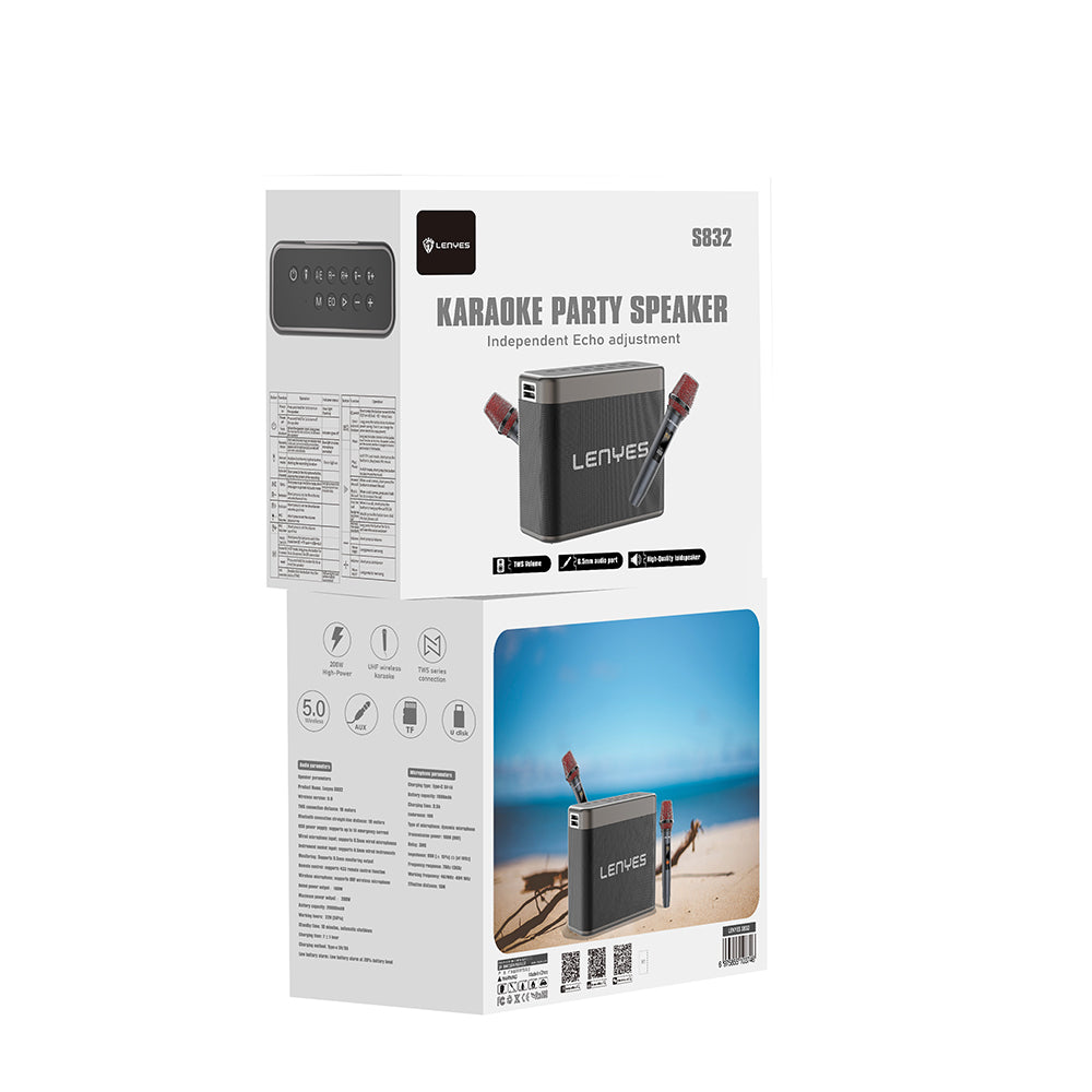 Lenyes S832 TWS Bluetooth Speaker Hoparlör ve Karaoke Bluetooth Mikrofon v5.0 Siyah