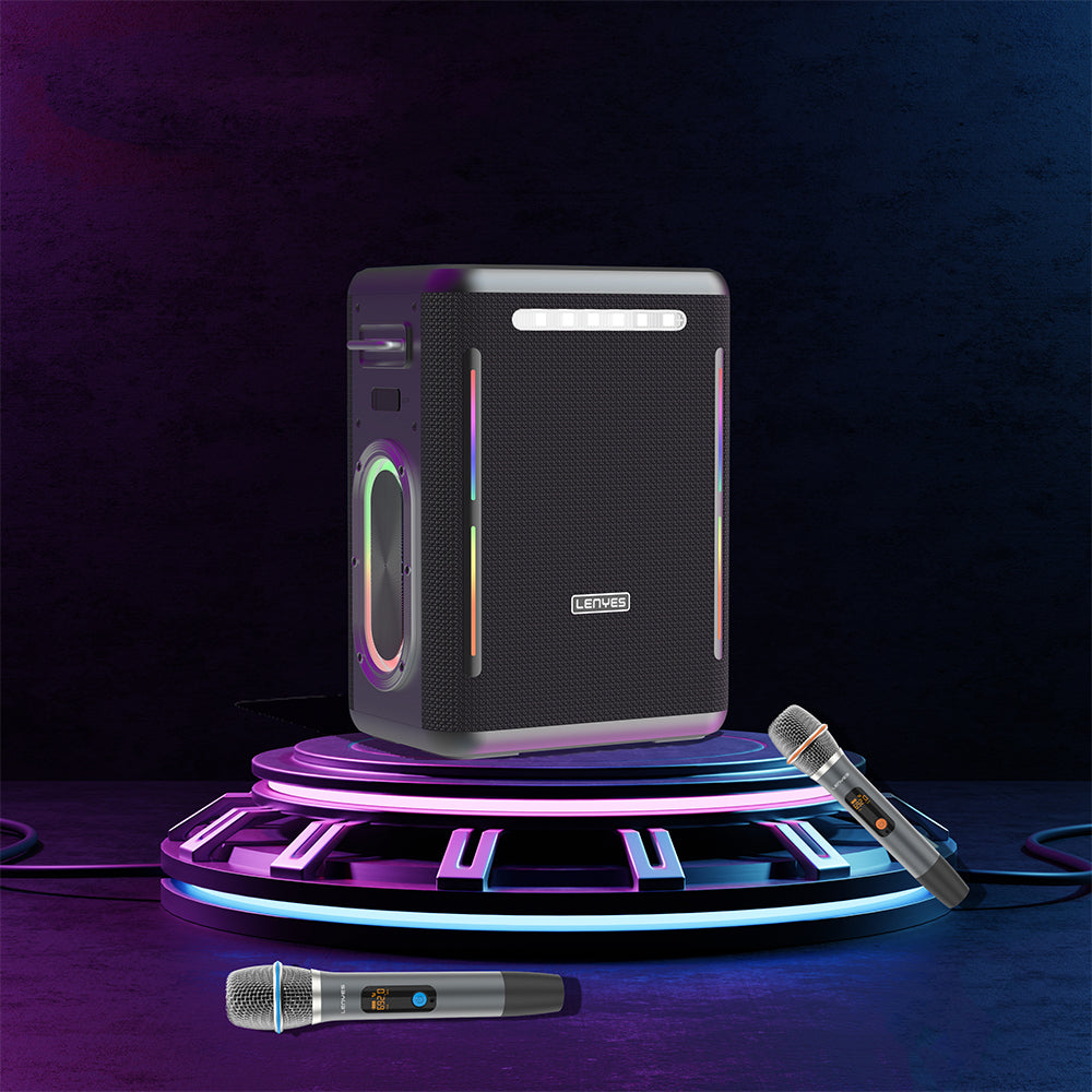 Lenyes S837 RGB Led Işıklı Bluetooth Speaker Hoparlör ve Karaoke Bluetooth Çift Mikrofon v5.0 Siyah
