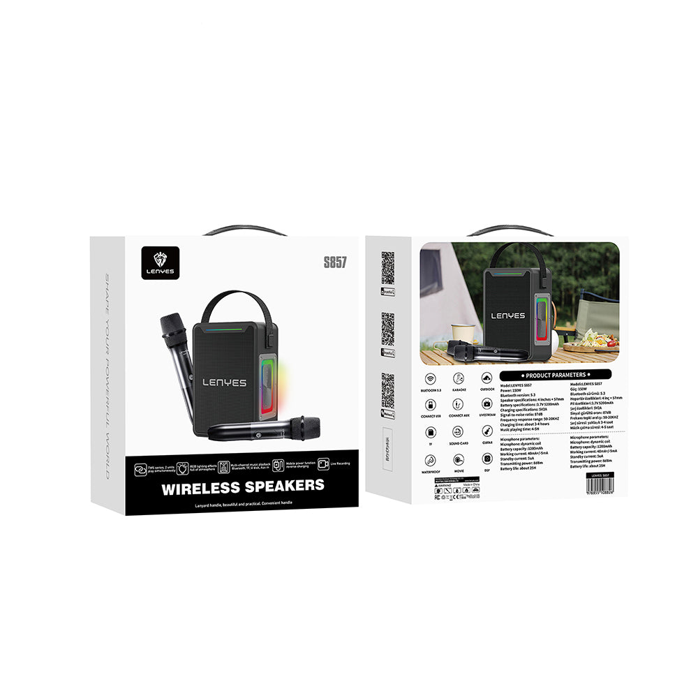 Lenyes S857 RGB Işıklı Çift Mikrofonlu Taşınabilir TWS Bluetooth Speaker Hoparlör v5.3 Siyah