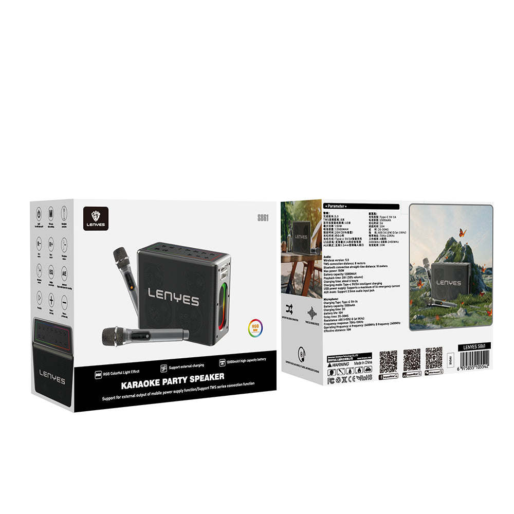 Lenyes S861 12.000mAh Powerbank Özellikli Çift Mikrofonlu Bluetooth Speaker Hoparlör v5.0 Siyah