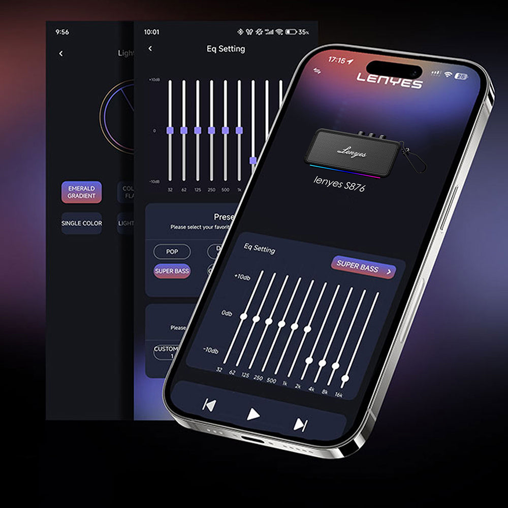 Lenyes S876 Supreme Serisi RGB Işıklı Taşınabilir Su Geçirmez TWS Bluetooth Hoparlör v5.3 45W Siyah