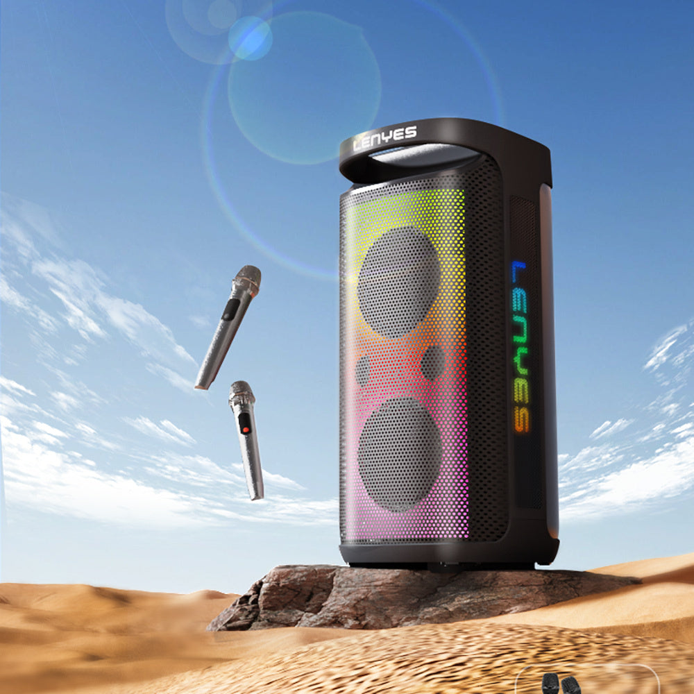 Lenyes S883 Su Geçirmez Tekerlekli Mikrofonlu Çoklu Giriş RGB Işıklı TWS Karaoke FM Bluetooth Hoparlör v5.3 360W Siyah
