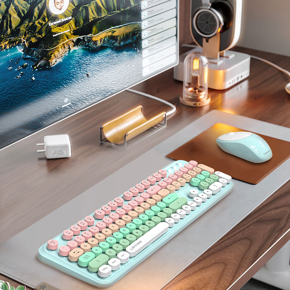 Lenyes WK103 Mekanik 2in1 2.4G Kablosuz Klavye ve 1600 DPI Mouse Seti Mavi