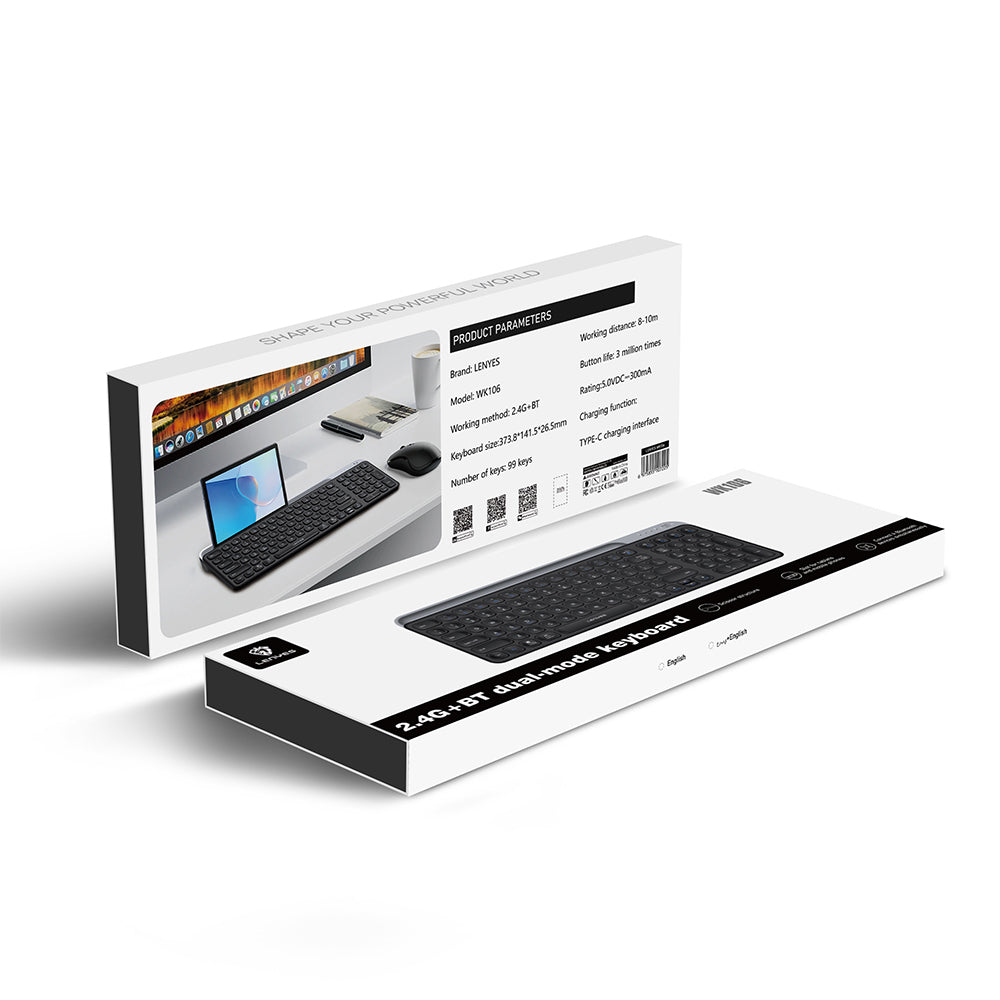 Lenyes WK106 Sessiz Tuş Tasarımlı Entegre Stand Bölmeli Çift Bluetooth Bağlantılı 2.4G Kablosuz Klavye Siyah