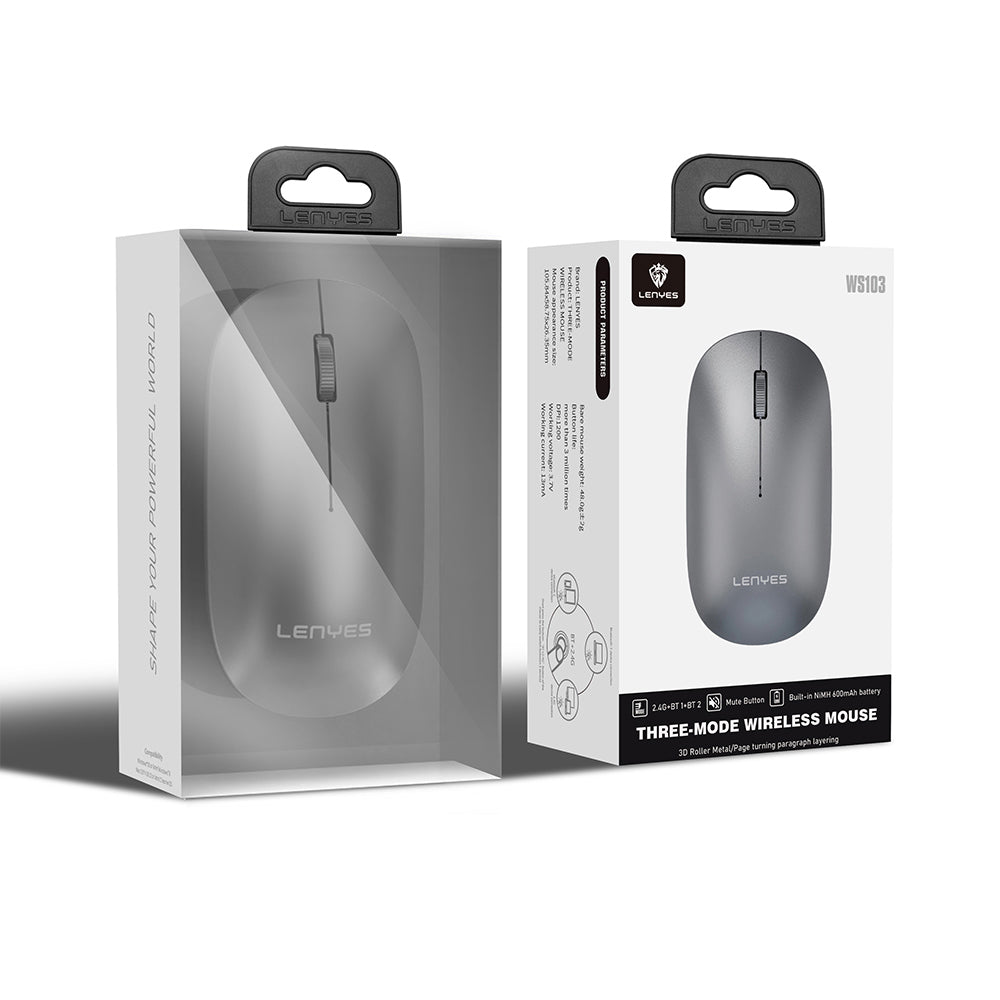 Lenyes WS103 Sessiz Buton Tasarımlı Ergonomik Çift Bluetooth Bağlantılı 2.4G Kablosuz Mouse 1200 DPI Gri
