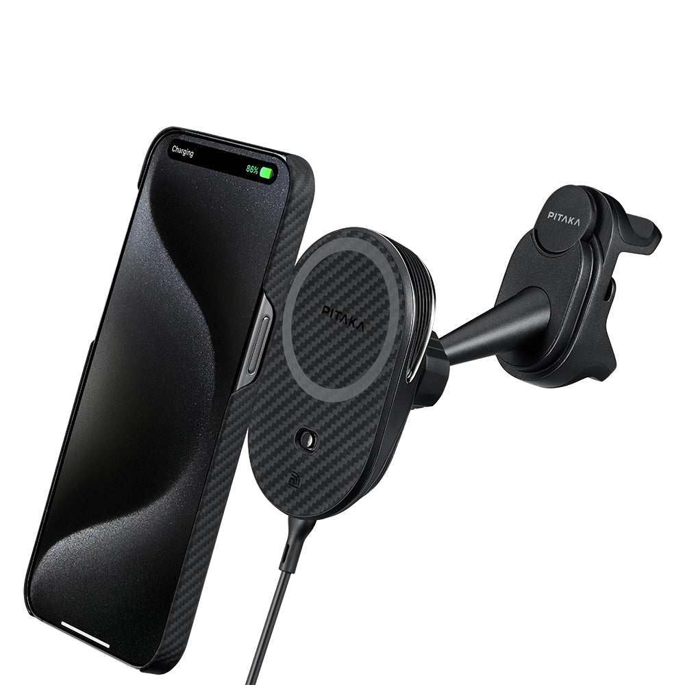 Pitaka MagEZ Pro 2 M-safe Şarj Özellikli Qi2 Tesla Model Y ve Model 3 Uyumlu Aramid Fiber Araç Telefon Tutucu Siyah