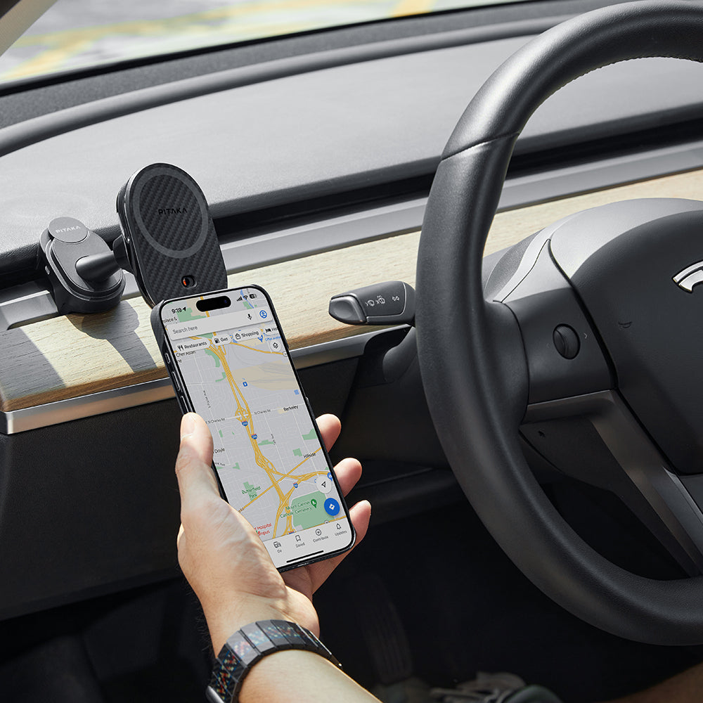 Pitaka MagEZ Pro 2 M-safe Şarj Özellikli Qi2 Tesla Model Y ve Model 3 Uyumlu Aramid Fiber Araç Telefon Tutucu Siyah