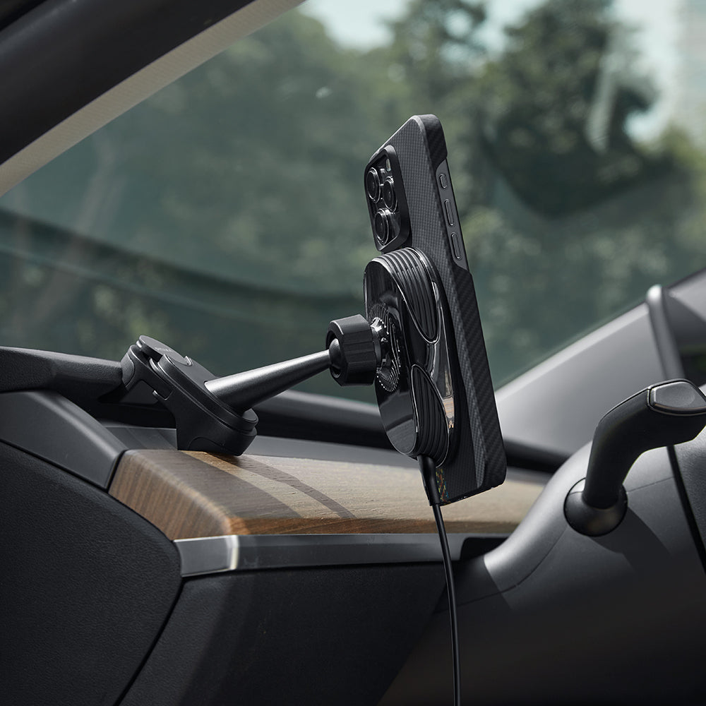 Pitaka MagEZ Pro 2 M-safe Şarj Özellikli Qi2 Tesla Model Y ve Model 3 Uyumlu Aramid Fiber Araç Telefon Tutucu Siyah
