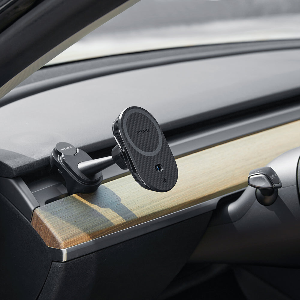 Pitaka MagEZ Pro 2 M-safe Şarj Özellikli Qi2 Tesla Model Y ve Model 3 Uyumlu Aramid Fiber Araç Telefon Tutucu Siyah
