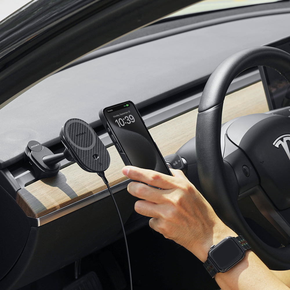 Pitaka MagEZ Pro 2 M-safe Şarj Özellikli Qi2 Tesla Model Y ve Model 3 Uyumlu Aramid Fiber Araç Telefon Tutucu Siyah
