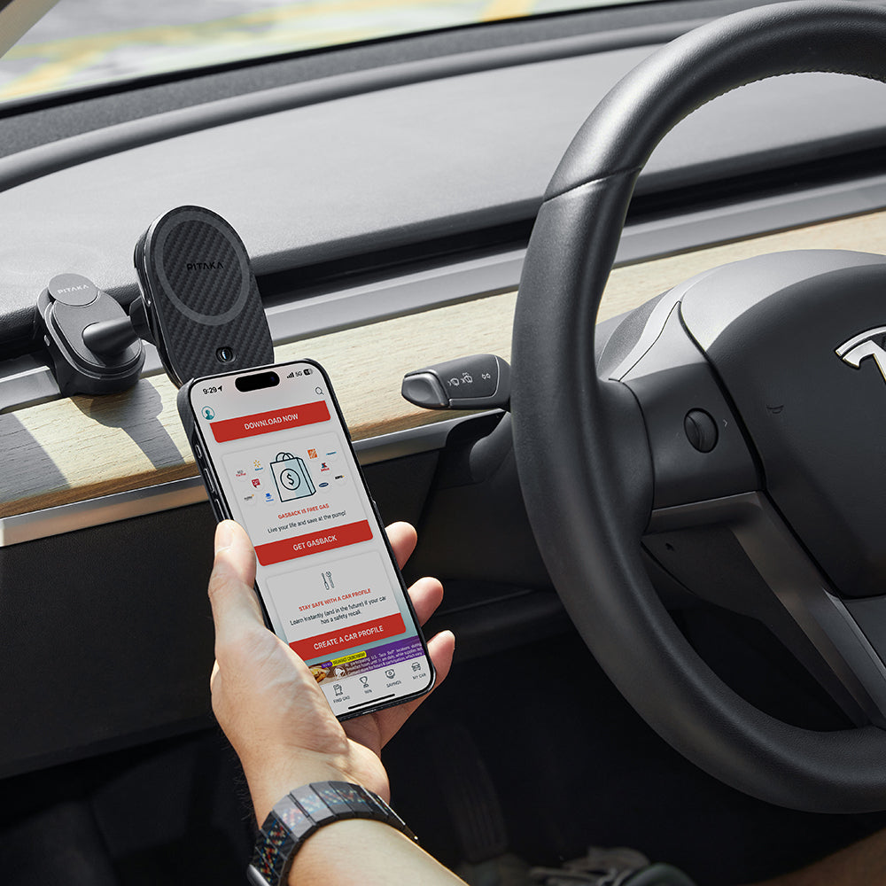 Pitaka MagEZ Pro 2 M-safe Şarj Özellikli Qi2 Tesla Model Y ve Model 3 Uyumlu Aramid Fiber Araç Telefon Tutucu Siyah