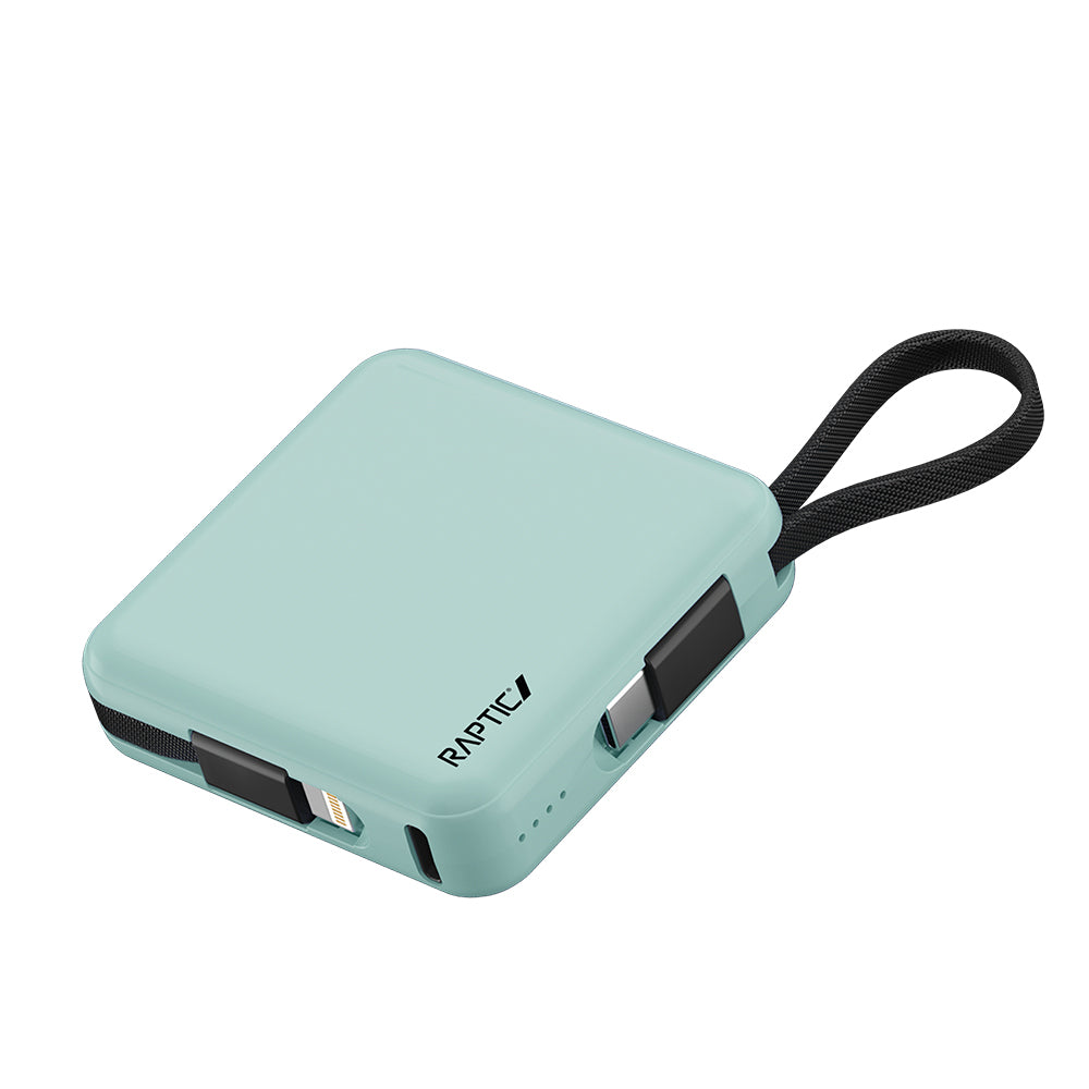 Raptic Lightning ve Type-C Kablolu Dijital LED Göstergeli Askılı Powerbank 5000mAh Kompakt ve Taşınabilir Tasarım Pembe