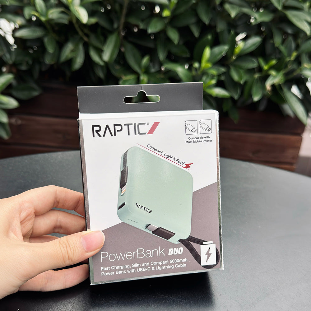 Raptic Lightning ve Type-C Kablolu Dijital LED Göstergeli Askılı Powerbank 5000mAh Kompakt ve Taşınabilir Tasarım Pembe