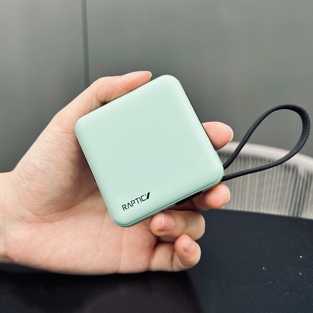 Raptic Lightning ve Type-C Kablolu Dijital LED Göstergeli Askılı Powerbank 5000mAh Kompakt ve Taşınabilir Tasarım Pembe