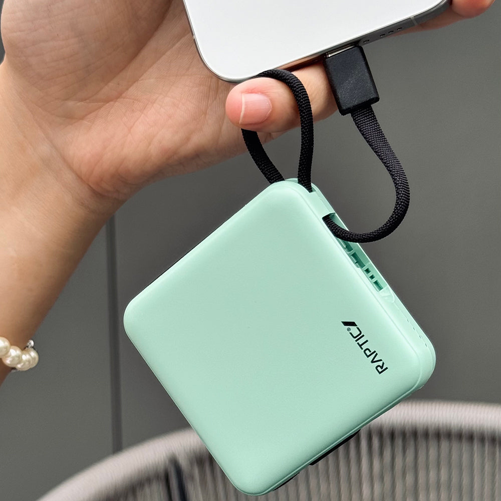 Raptic Lightning ve Type-C Kablolu Dijital LED Göstergeli Askılı Powerbank 5000mAh Kompakt ve Taşınabilir Tasarım Pembe