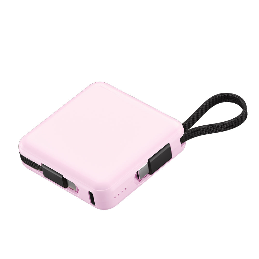 Raptic Lightning ve Type-C Kablolu Dijital LED Göstergeli Askılı Powerbank 5000mAh Kompakt ve Taşınabilir Tasarım Pembe